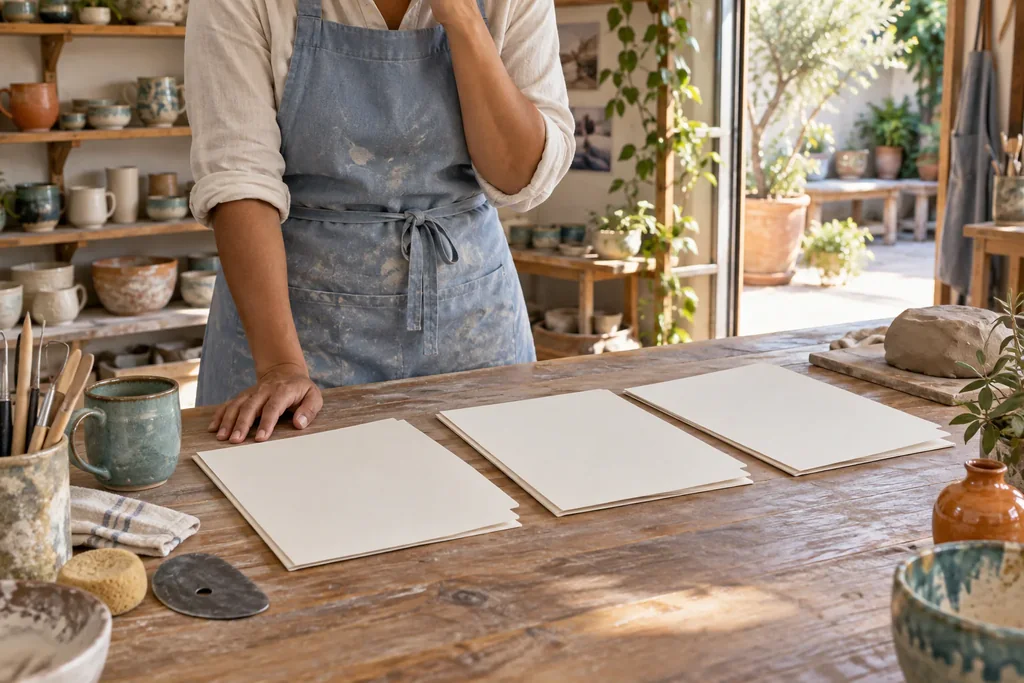 A person at a pottery studio worktable, sorting sheets of paper.