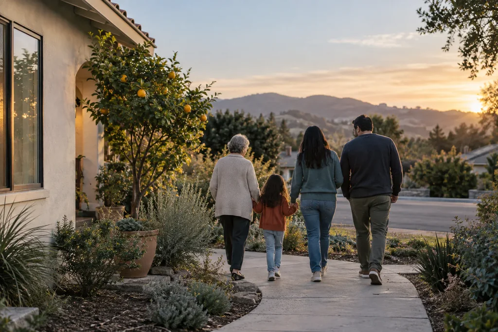 A family walking together along a neighborhood path at sunset.