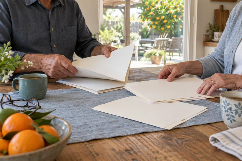 Two people sorting through papers at a sunny kitchen table.